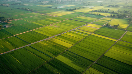 Aerial view of vast farmland with green crops divided into neat plots, symbolizing land leasing contracts and sustainable agriculture. Agricultural business concept.