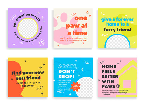 Colorful vector web banners highlight pet adoption month, encouraging individuals to adopt pets in need of forever homes through appealing phrases and designs.