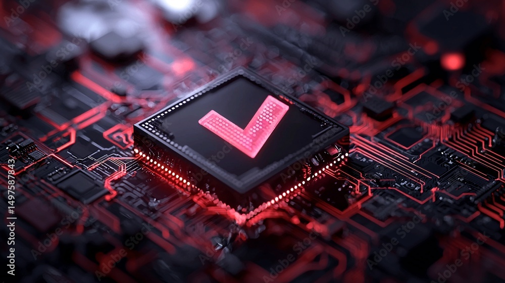 Poster red illuminated check mark on a black microchip circuit board