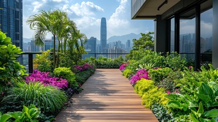 Rooftop Garden with Plants, Pathway, and City Skyline