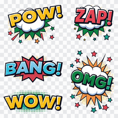 Pop Art Expressions Icon PNG | POW, ZAP, OMG, BANG, OUCH, WOW Comic Speech Bubble Set