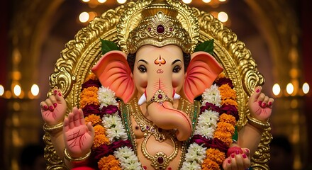 Ganesha idol adorned with jewels and flowers