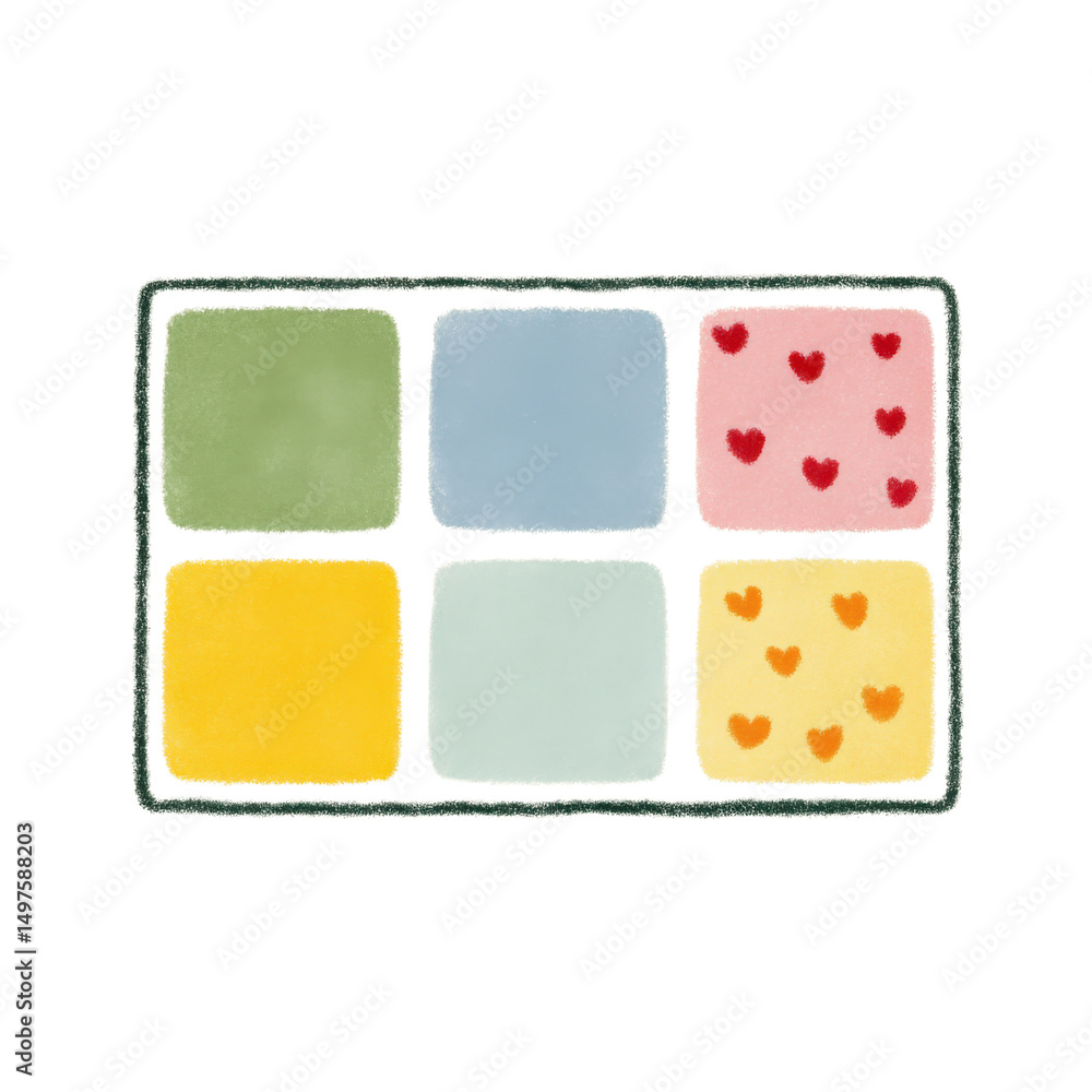 Poster a palette of colors and designs: an assortment of vibrant square designs in various colors, adding a