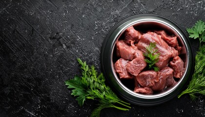 bowl for a pet with fresh meat on a black stone background