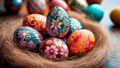close up of painted easter eggs with floral patterns generative ai