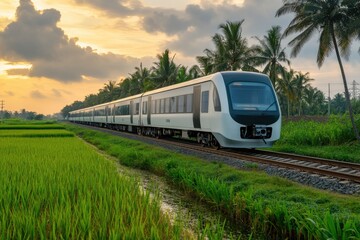 Naklejka premium Train Passing Through Paddy Fields