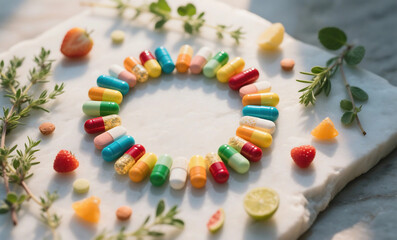 Colorful Vitamin Capsules Arranged in Circle with Fresh Fruits and Herbs on Light Textured Surface