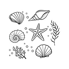 set of sea shells,conch,tentacle,starfish,corals icon hand drawn, vector