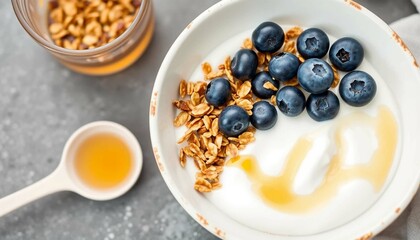 Healthy Breakfast Bowl with Yogurt, Blueberries, Granola, and Honey