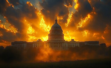 Obraz premium United states capitol building silhouetted against a fiery dramatic sunset sky