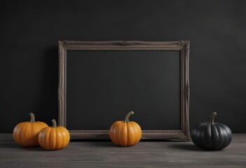 Elegant black chalkboard with simple frame, three perfectly arranged pumpkins ,  minimal,  form