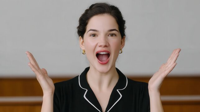 A cheerful woman expresses excitement with an exuberant gesture. Her vibrant energy and joyful demeanor captivate the viewer, making it a perfect representation of happiness.