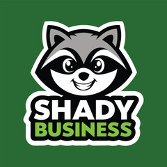 A cartoon raccoon with shady business text on a green background in a vector style illustration