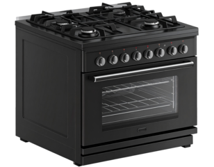 Sleek black freestanding gas range with oven and five burners