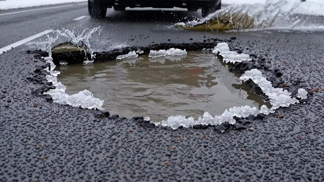 Close up of a car tire splashing dirty water in a pothole with ice on a damaged asphalt road during winter