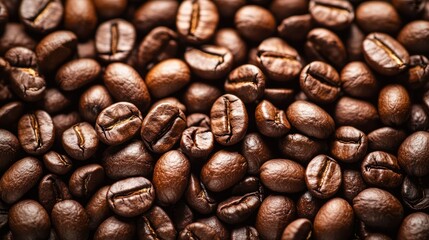 Fototapeta premium Roasted coffee beans closeup, dark background, texture, food, beverage industry