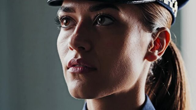 Confident female police officer in thoughtful poses demonstrates determination