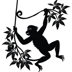 Playful Monkey Silhouette Hanging from Vine, Jungle Illustration