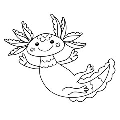 beautiful girl axolotl, swimming with a smile, black outline