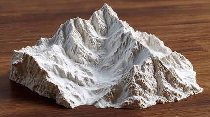 A 3D-printed mountain landscape model displays intricate peaks and terrain in lifelike detail.
