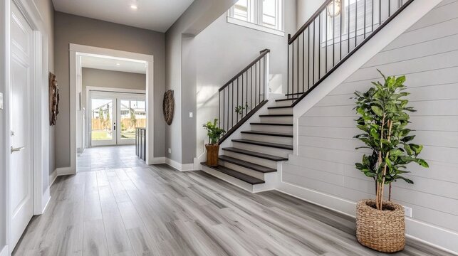 Modern farmhouse design features in a welcoming foyer space.