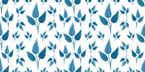 Blue leaf seamless cropped pattern illustration suitable for backgrounds and textile designs. Variety of leaf shapes and sizes. Changeable white background. Elegant texture.