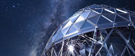 Chrome observatory dome metallic geometric patterns silver structural frames against a starry night sky.