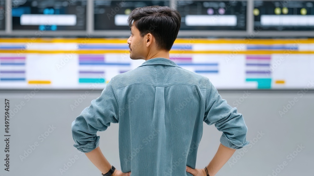 Poster a focused professional observes data displays in a modern workspace, exemplifying the analytical and