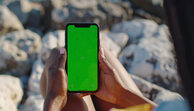 woman using phone with green screen on sunny coast
Beach day with woman texting on smartphone, close-up hands and phone