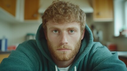 A focused young man stares directly at the camera with a thoughtful expression in a cozy kitchen setting, embodying a moment of introspection and contemplation about life.
