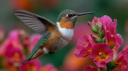 Fototapeta premium Hummingbirds fly around bright pink and orange flowers, soaring in mid-air. Close-up photography.