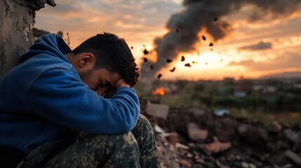 Despair Amidst the Ruins: A Young Soldier's Grief in War-Torn Landscape