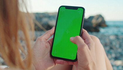 Close-up of phone with green screen in woman&rsquo;s hands typing on smartphone at the beach in summer
