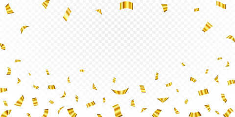 Gold confetti on transparent backdrop. Anniversary celebration banner background. Bright festive tinsel. Birthday party backdrop. Holiday and congratulations design elements. Vector illustration