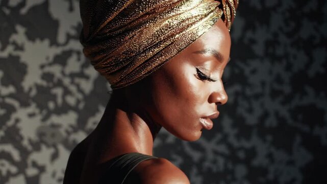Graceful side profile transition with golden headwrap in natural light