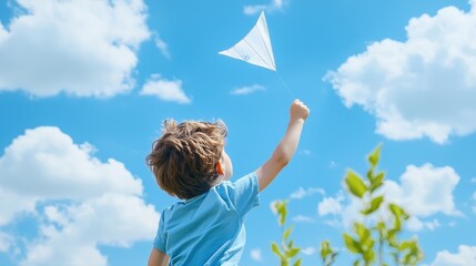 A joyful child launches a paper airplane into a bright blue sky, embodying innocence and creativity