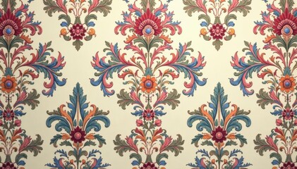 Intricate floral damask pattern in muted tones, leaf, muted