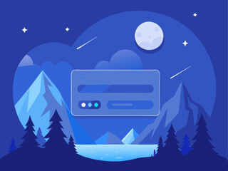 Naklejka premium Flat UI Login Screen with Mountain Landscape, Full Moon, and Gradient Blue Background