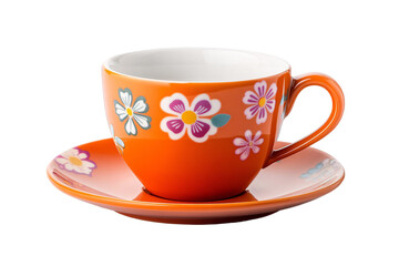 an orange tea cup and saucer with flowers on it
