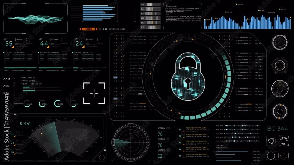 Fototapete motion graphic of blue digital security key with hud ui and circuit panel futuristic abstract backgr