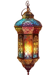 Ornate colorful lantern.  Intricate glass panels, warm light