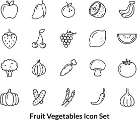 Set of fruit and vegetable vector icons featuring apple, strawberry, tomato, corn, lemon, pear, and orange for healthy food illustration