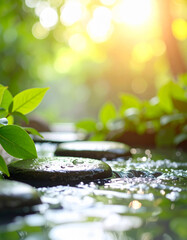 Wet stone surface with blurred natural spa environment, steam and greenery in background, ideal wellness concept  