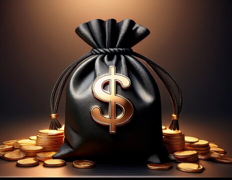 ilustracion en 3d de una bolsa negra de dinero con simbolo del dolar concepto economia ganancias prestamos