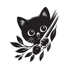 cute black kitten behind leafy branch vector illustration