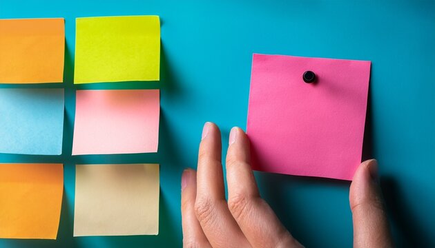 hand organizing tasks pink urgent important note among colorful reminders on a wall focus on prioritization