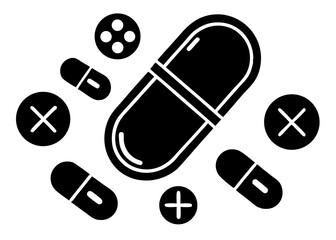 set of medical pills icon set silhouette