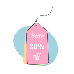 Cute sale label on ribbon for price off. 30% off price tag. Super discounts tag for shop, markets promotion. Simple childish price tag isolated on white background. Modern flat style design sale beige