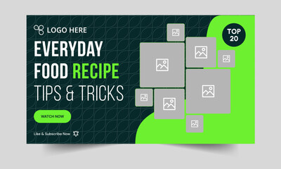 Food recipe daily tips and tricks video cover banner design, delicious food recipe tips and tricks video cover banner design, editable vector eps 10 file format	