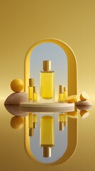 Perfume advertisement, luxury and minimalism: Luxurious perfume display with mirrored floor, minimal backdrop.